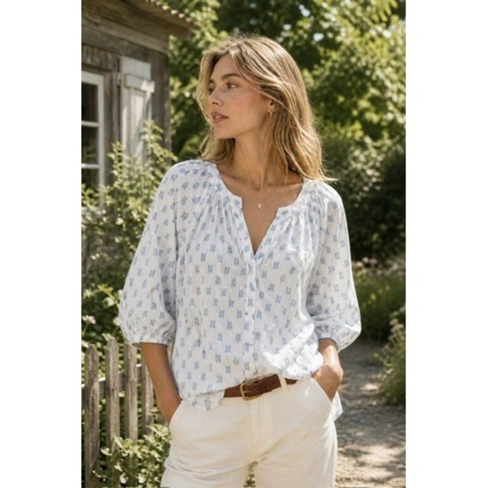 Sonoma Goods For Life Womens 3X Blue White Abstract Boho Peasant Blouse Top 3/4